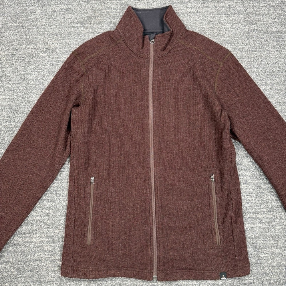 prAna Barclay Wool Sweater Men Medium Burgundy Ribbed Full Zip Outdoor Gorpcore